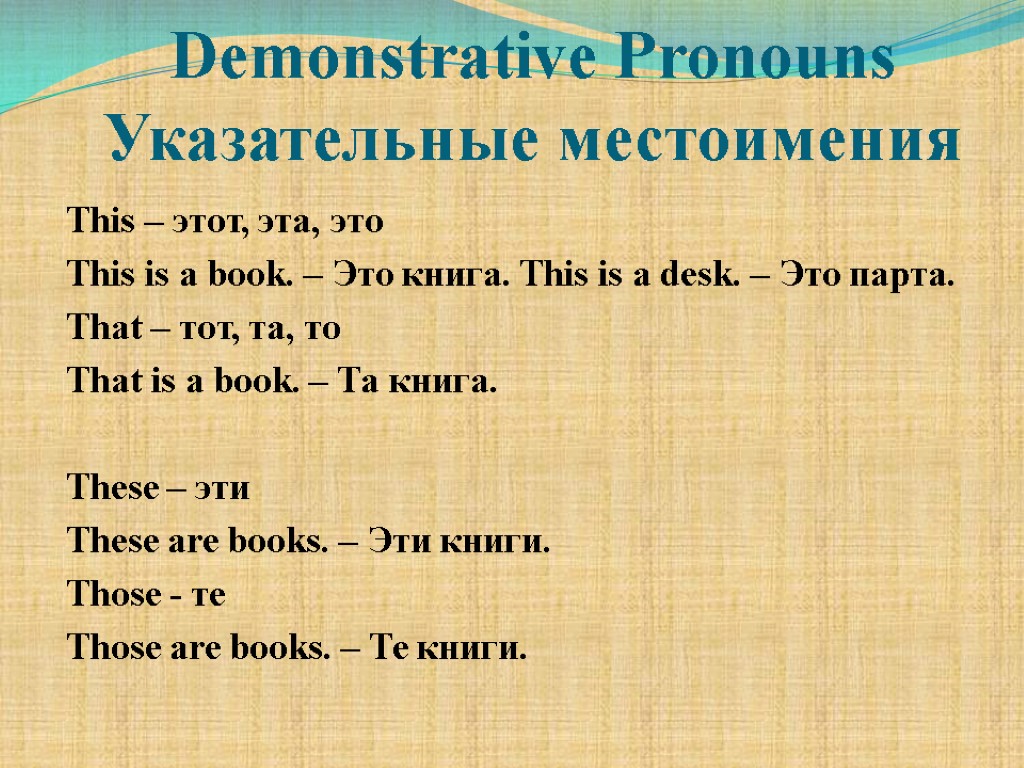 Demonstrative Pronouns Указательные местоимения This – этот, эта, это This is a book. –
